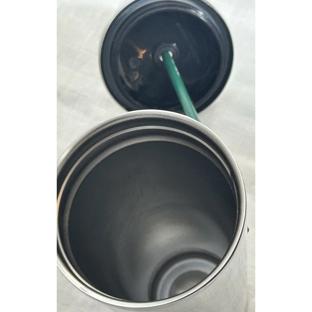 STARBUCKS 24 ounce Cold Cup Chrome Gray Stainless Steel Travel Green Straw